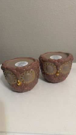 Retired Bath & Body Works Set of 2 Mauve Gold Sleeping Owl Candle Holders Single Wick
