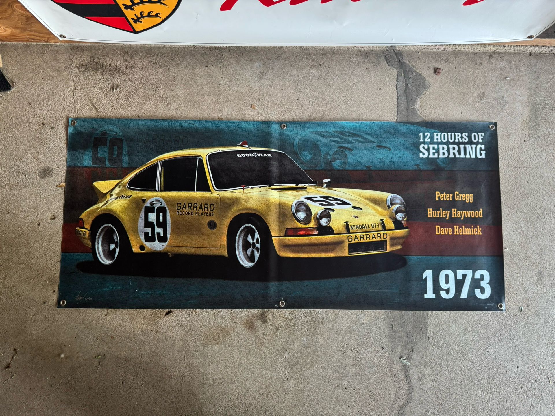 Signed - 1973 Porsche 911 RSR - 12 Hrs of Sebring - Vinyl Sign (55”x24”)