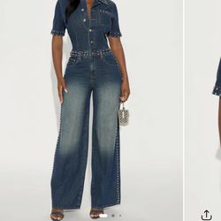 Rodeo Drive Studded Denim Jumpsuit - Dark Denim Fashion Nova