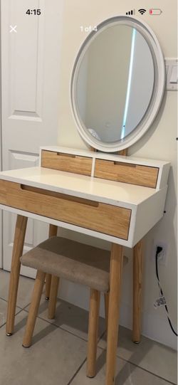 White Wood Vanity Desk with Oval Mirror and Stool