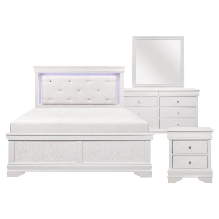 Brand New White Faux Croc Skin LED Queen Bedframe + Dresser + Nightstand + Mirror 4PCs Queen Bedroom Set