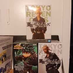 Three anime figures of Deku, Takemichi, and Drake