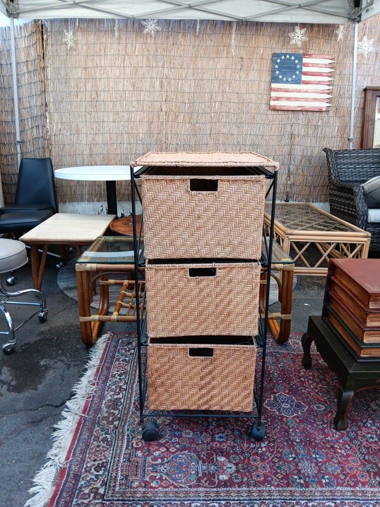 3 Drawer Wicker Basket Storage Until With A Black Metal Frame And Wheels $60 OBO