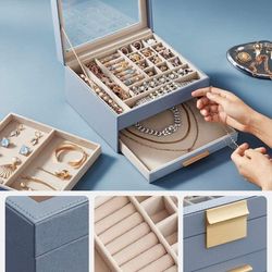 Jewelry Box with Glass Lid, 3-Layer Jewelry Storage Organizer with 2 Drawers Smoky Blue and Gold Color