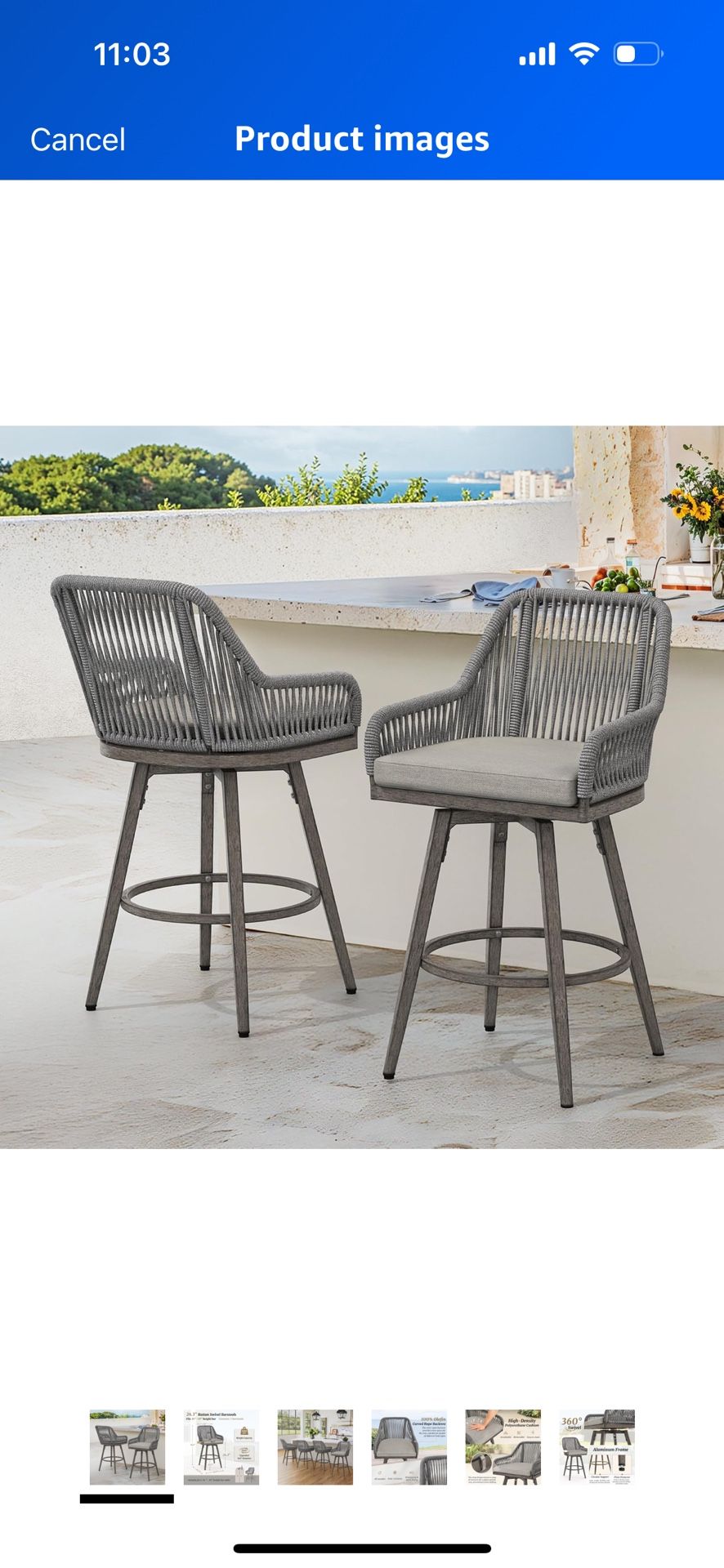 Outdoor Bar Stools Set of 2, 360° Swivel Aluminum Rattan Bar Stool with Olefin Rope Curved Backrest and Armrest, Boho BarStools with Removable Cushion