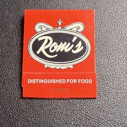 Vintage 1970s Matchbook Rom’s Italian Restaurant Sturbridge MA, Unused, Unstruck