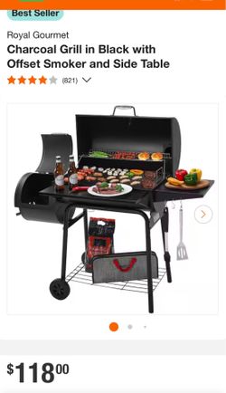 Charcoal Grill in Black w/Offset Smoker and Side Table