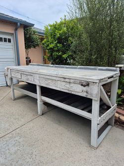 1940s Vintage Large Industrial Factory Workbench | 115” | Galvanized Steel Top | Rolling