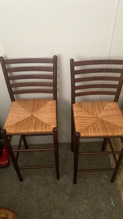 Set of 2 Ladder-Back Bar Stools with Rush Seats