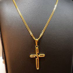 18k yellow gold double curb chain with cross