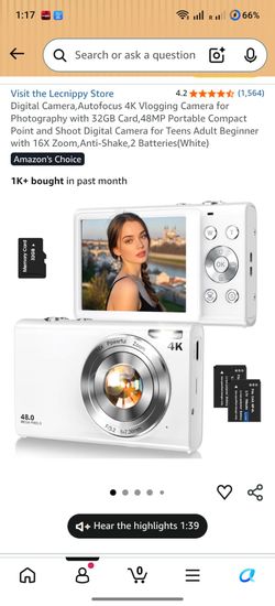 Digital Camera,Autofocus 4K Vlogging Camera for Photography with 32GB Card,48MP Portable Compact Point and Shoot Digital Camera for Teens Adult Beginn