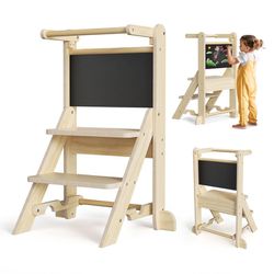 Ixdregan Foldable Kitchen Step Stool For Kids - With Safety Rail & Chalkboard, Anti-Slip Feet Kitchen Stool Tower For Counter, Kitchen, Bathroom (Natu