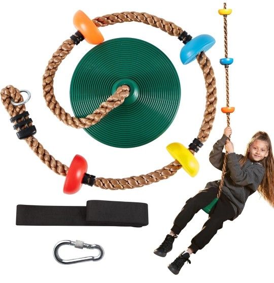 Tree Swing for Kids - Single Disc Seat and Climbing Rope Set w/Carabiner & 4 Ft Strap - Treehouse and Outdoor Playground Accessories - Green