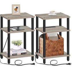 SET of 2 Grey End Tables with Charging Station, with USB Ports and Outlets, Nightstand, 3-Tier Storage Shelf - Brand New in Box