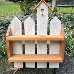 Rustic Wooden Wall Shelf with Birdhouse – Farmhouse Picket Fence Shelf