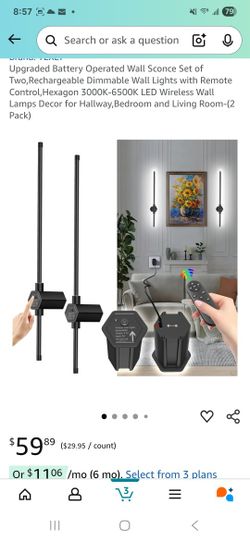 Battery Operated Wall Sconces Set of 2, Detachable 360°Rotate Wall Lamps, 3000-6500K Dimmable with Remote Control, 10000mAh Rechargeable Wall Lights f
