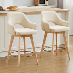 1615d  Swivel Counter Stools Set of 2, Wooden Counter Height Bar Stools with Back & Arm, Upholstered Linen Fabric Barstools with Solid Wood Leg & Gold