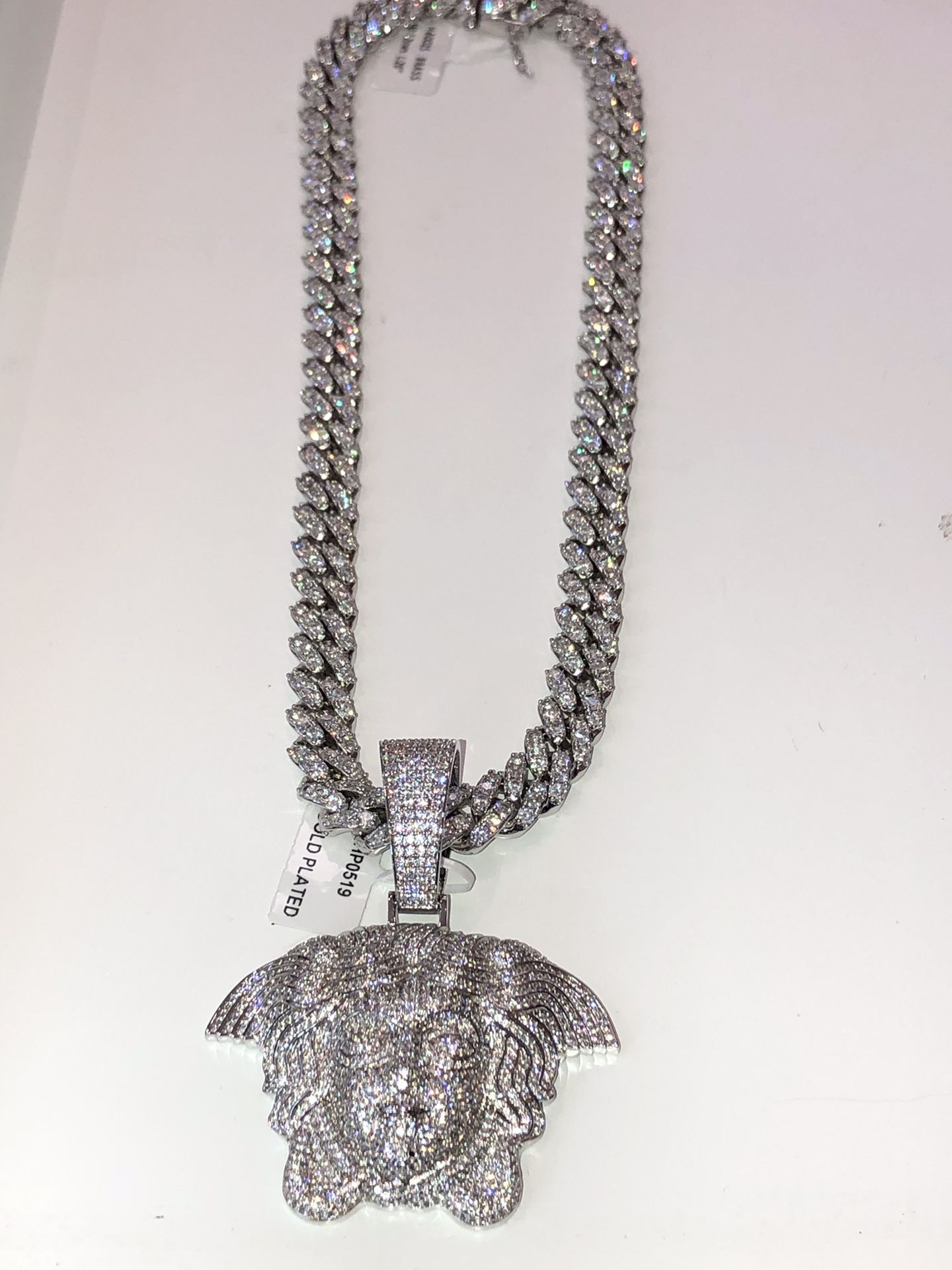 Men's Iced Out Created Diamond 14k White Gold Finish MEDUSA head Pendant with Fully iced Out CUBAN Chain