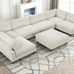 Brand New Beige Corduroy Velvet Modular Sectional Sofa With Ottoman 