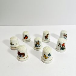 Vintage Set of 8 White Porcelain Thimbles Flowers / Birds / Mix Design Gold Trim