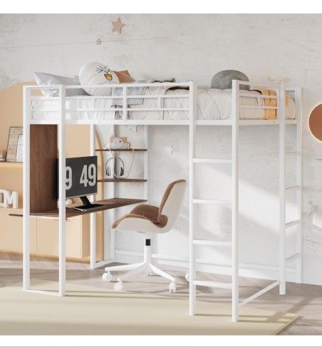 Merax Full Size Metal Loft Bed with 2 Shelves and one Desk,Full Loft Bed,Easy Assembly, Full Size,White