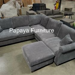 New Plush Dark Grey Sectional Sofa And Ottoman, Sectionals, Sofa, Couch, Grey Couch, Grey Sofa, L-Shaped Sofa, Plush Sectional Couch,Living Room Sofa.