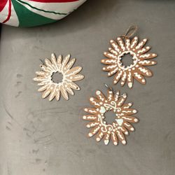 Christmas ornament decoration, wood flowers, gingerbread colors with glitter