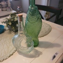 1960-70 Antinori Italian "Cevin" Fish Decanter, Bottle Tall Green Glass Decanter, Barware, Made in Italy, Mid Century Decorative Bottle

