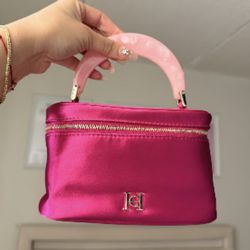NEW Carolina Herrera Makeup Bag Hot Pink Fabric with Top Handle 7.5"x4.5"x4"