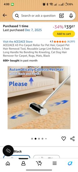 ACE2ACE A3 Pro Carpet Roller for Pet Hair, Carpet Pet Hair Removal Tool, Reusable Large Lint Rollers, 5 Feet Long Handle No Bending No Kneeling, Cat D