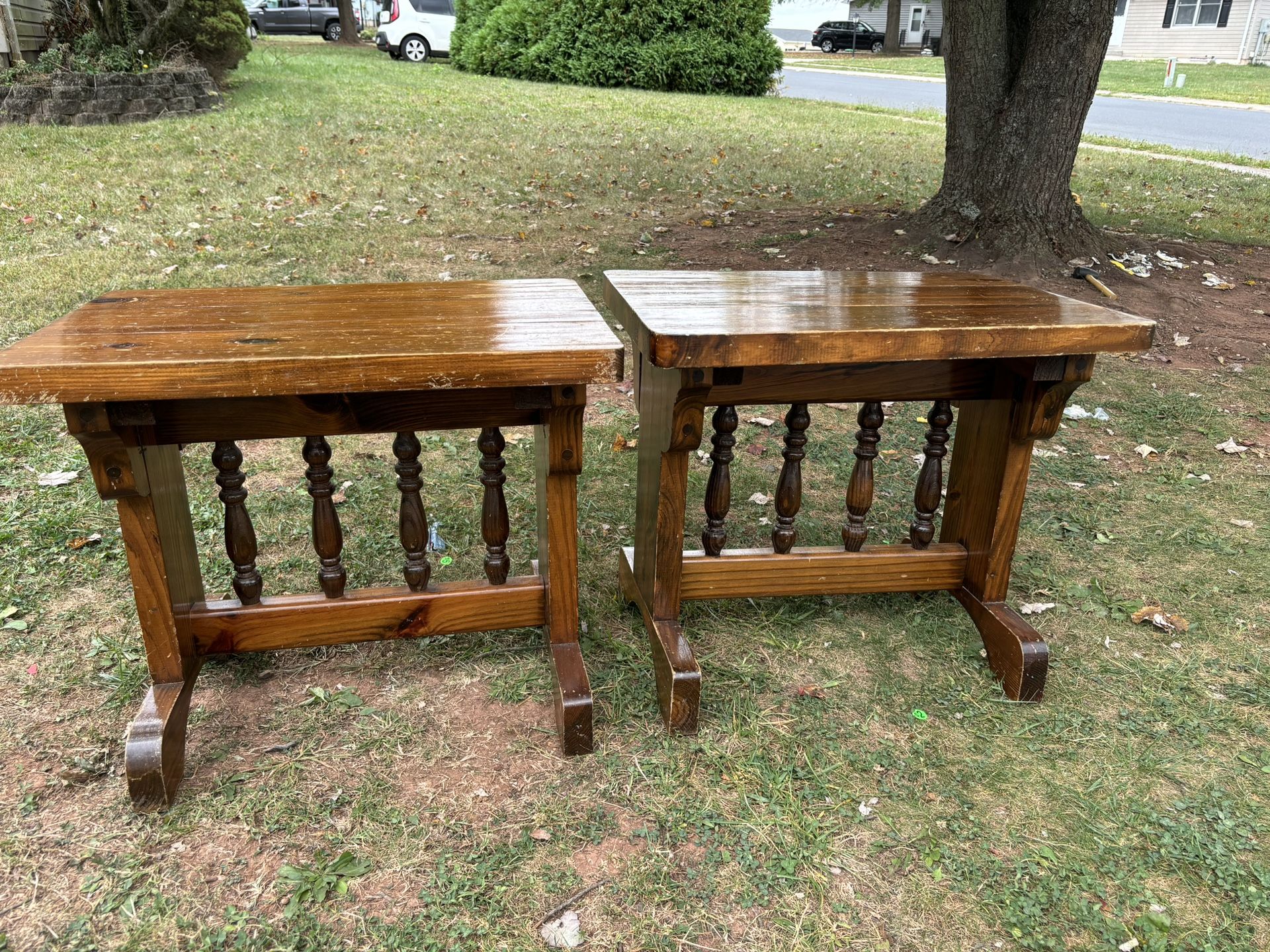two living room tables, heavy wood