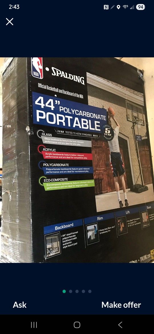 44" Spaulding polycarbonate portable basketball hoop