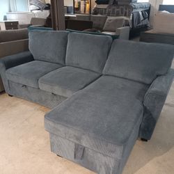 Blue Gray 3 Seater With Storage Chaise And Pull Out Ottoman/bed