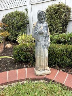 Vintage Weathered concrete garden statue Saint Fiacre Garden Sculpture Chippy AGED Rustic Landscape Centerpiece