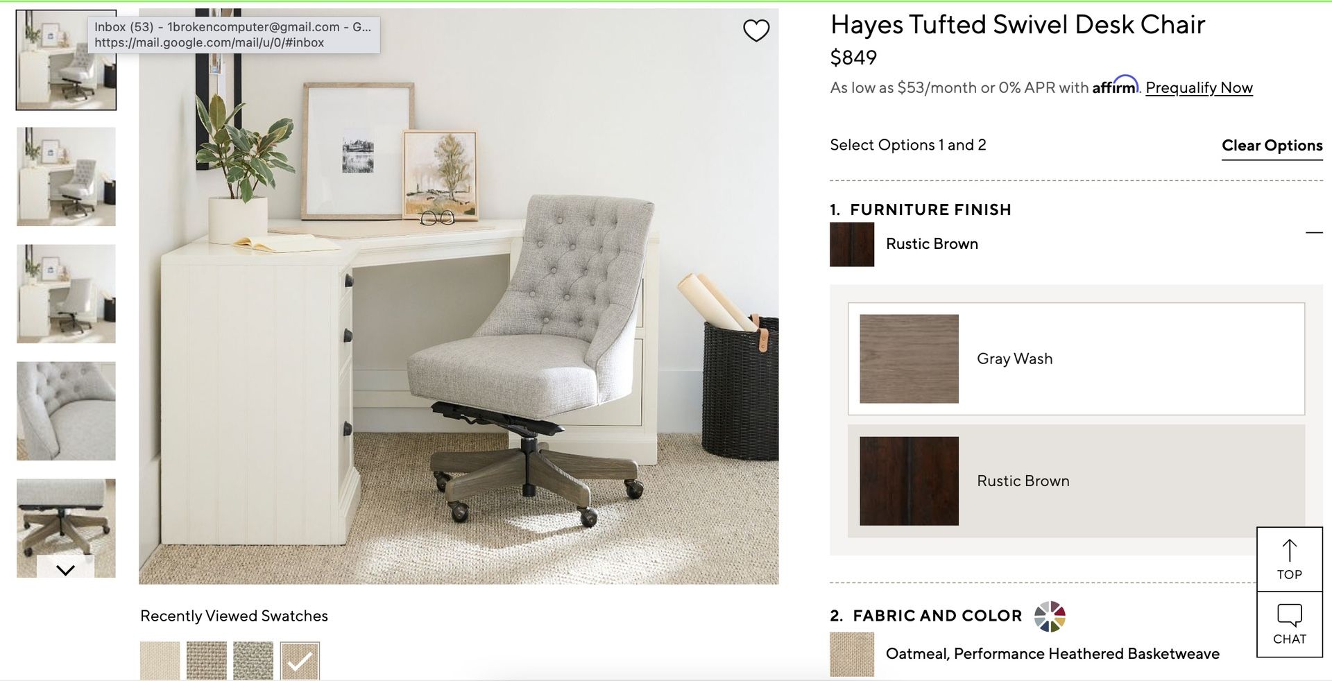 Pottery Barn Rolling Desk Chair “Hayes”