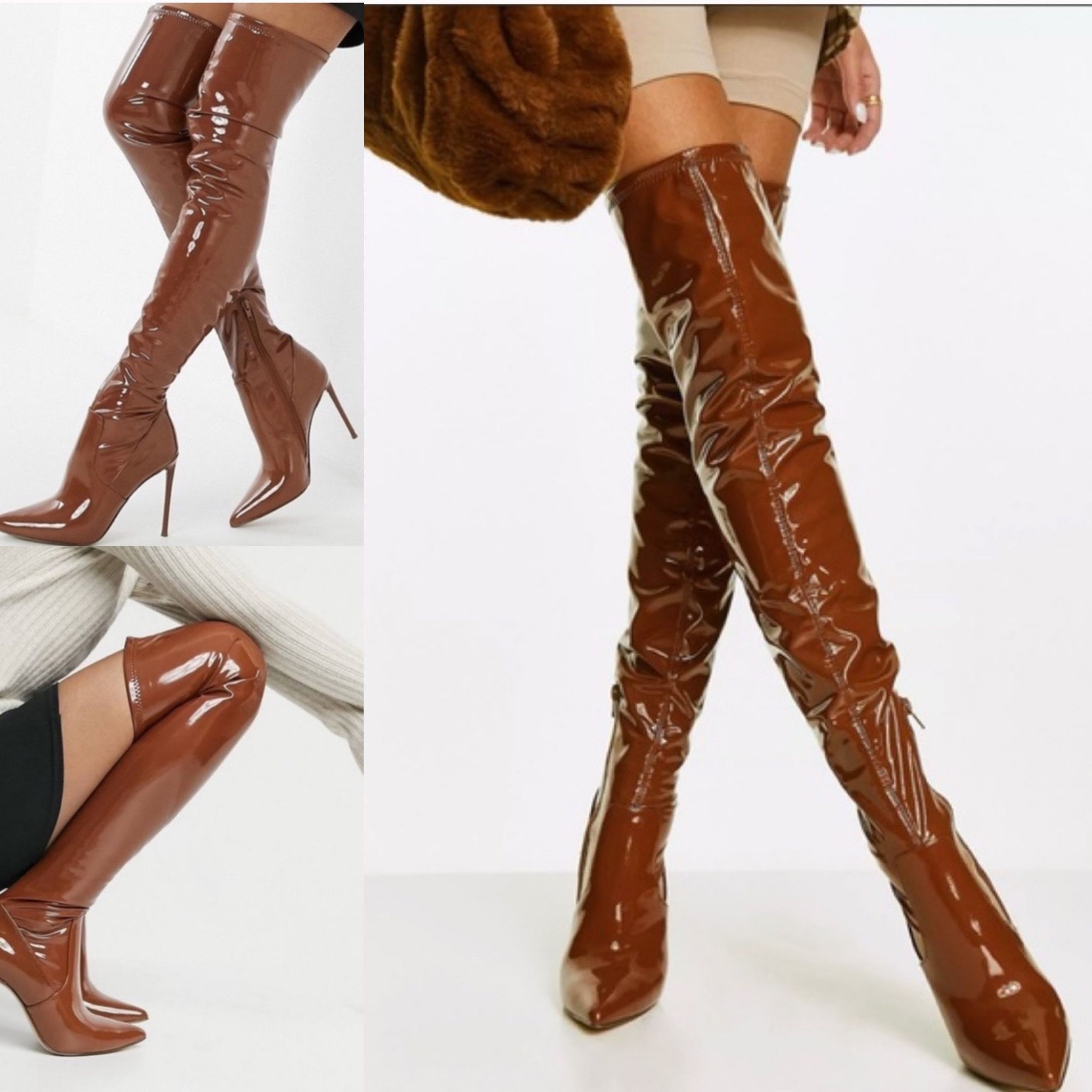 Steve Madden Vanquish Cognac Patent Leather Over the Knee POINTED TOE Boots 8