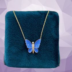 Diamond Butterfly Pendant In 14k Yellow Gold Necklace 