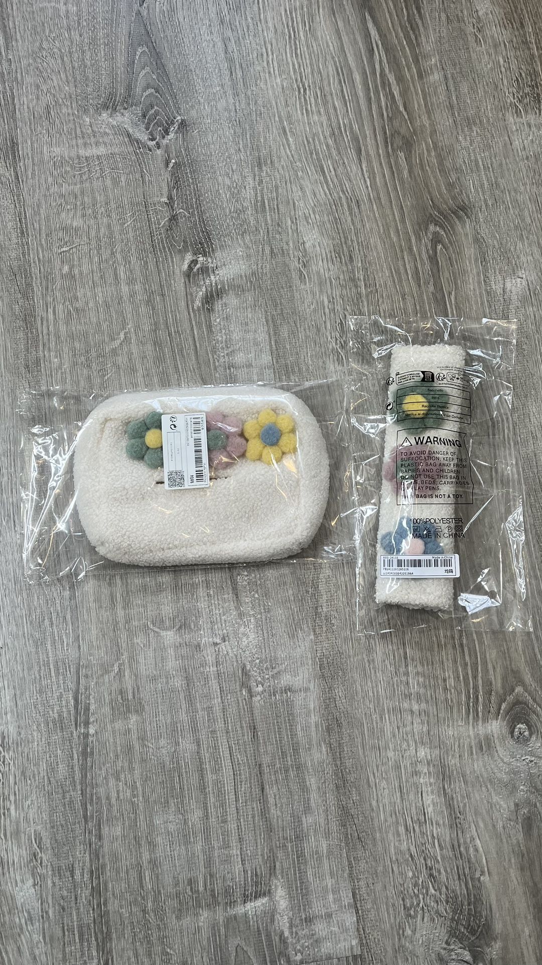 Lot of 1 White Floral Fluffy Tissue Holder & 1 Seat Belt Cover Car Accessory Cottagecore