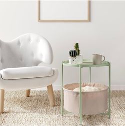 Round Side Table with Fabric Storage Basket, Metal Side Table Small Bedside Nightstand with Removable