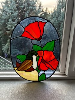 Hand Made Oval Stained Glass With Red Flowers & Bird