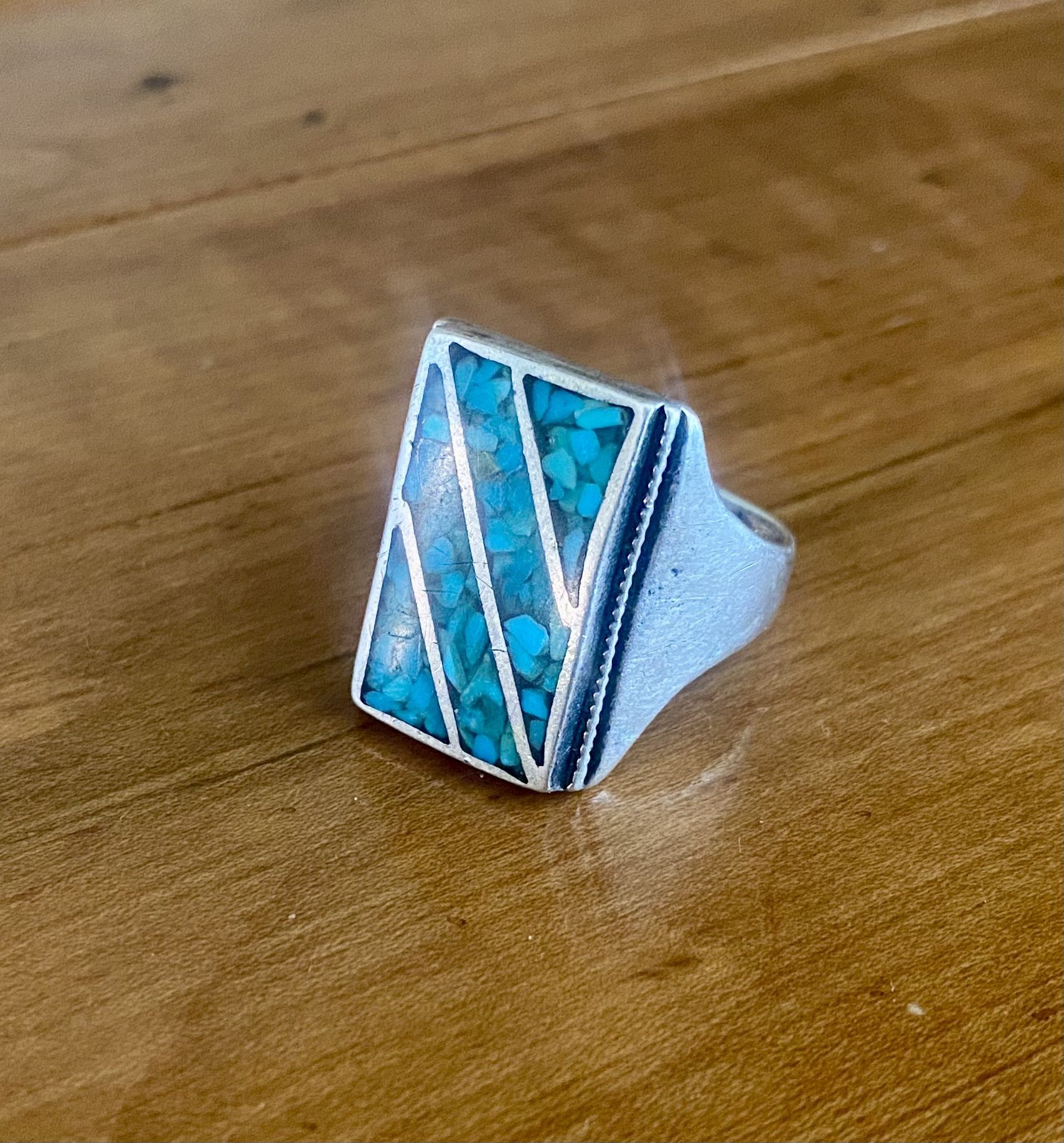 Vintage Sterling Silver and Crashed Turquoise Ring size 11