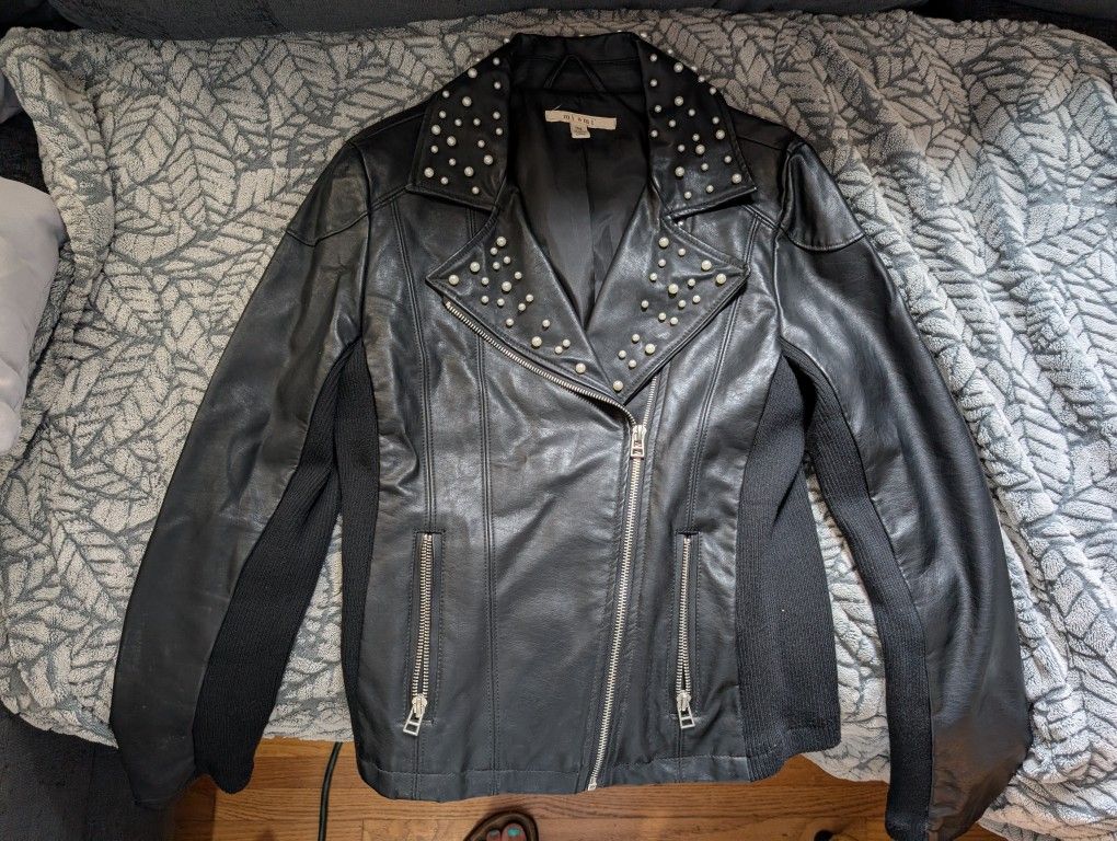 Pleather Motorcycle Style Jacket With Pearl Detail