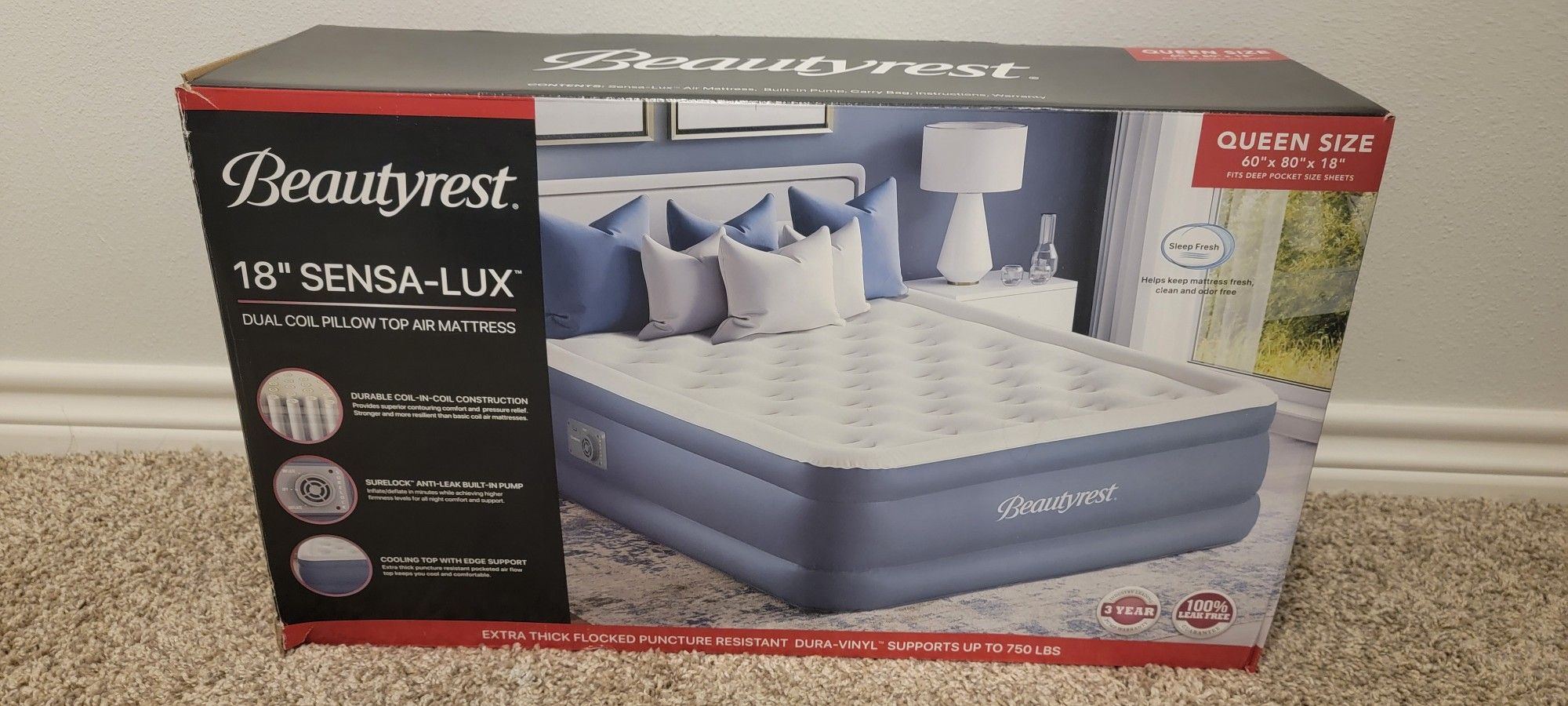 Beautyrest Sensalux 18" Inflatable Air Bed Blow up Mattress with Built-in Pump, Queen