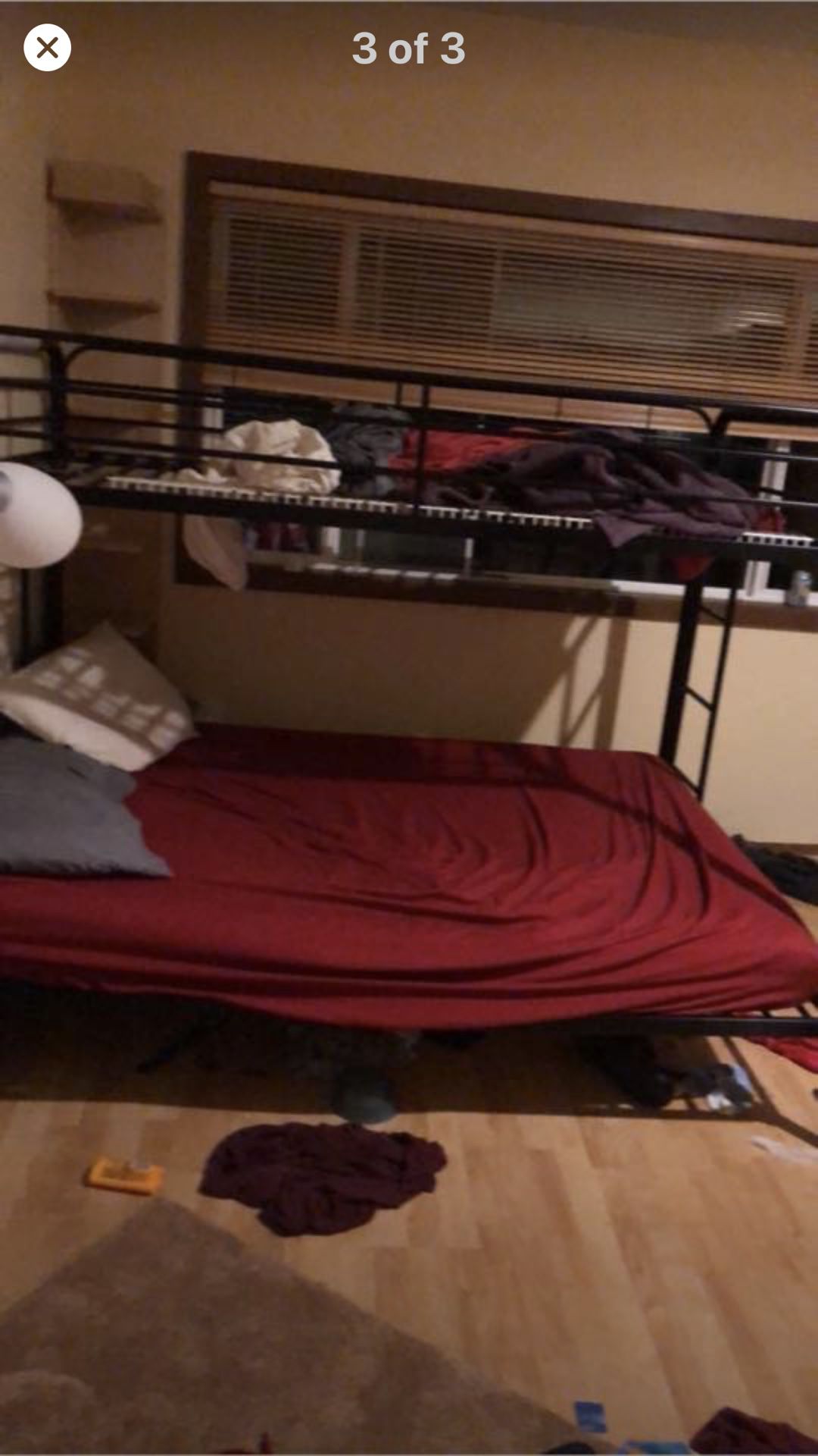 Double bunk bed. Double on the bottom single on the top $75 it’s like new you have to disassemble it including the queen I mean the double mattress w