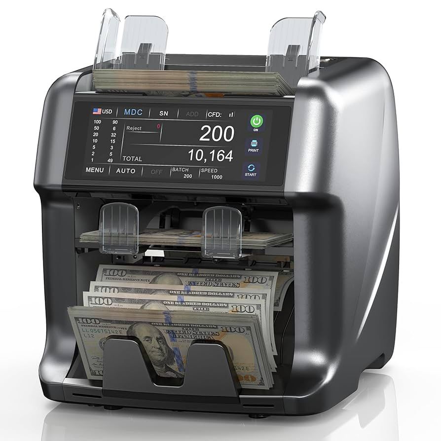 Mixed Denomination Money Counter with Reject Pocket, 6.9’’ Full Touchscreen, Multi Currency Sorter, 2 CIS/UV/MG/IR/IMG/DD/DBL/HLF/