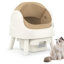 PetPivot Large Open-Top Automatic Cat Litter Box Self Cleaning with Safety Protection, Mat and Trash Bags Included, Brown
