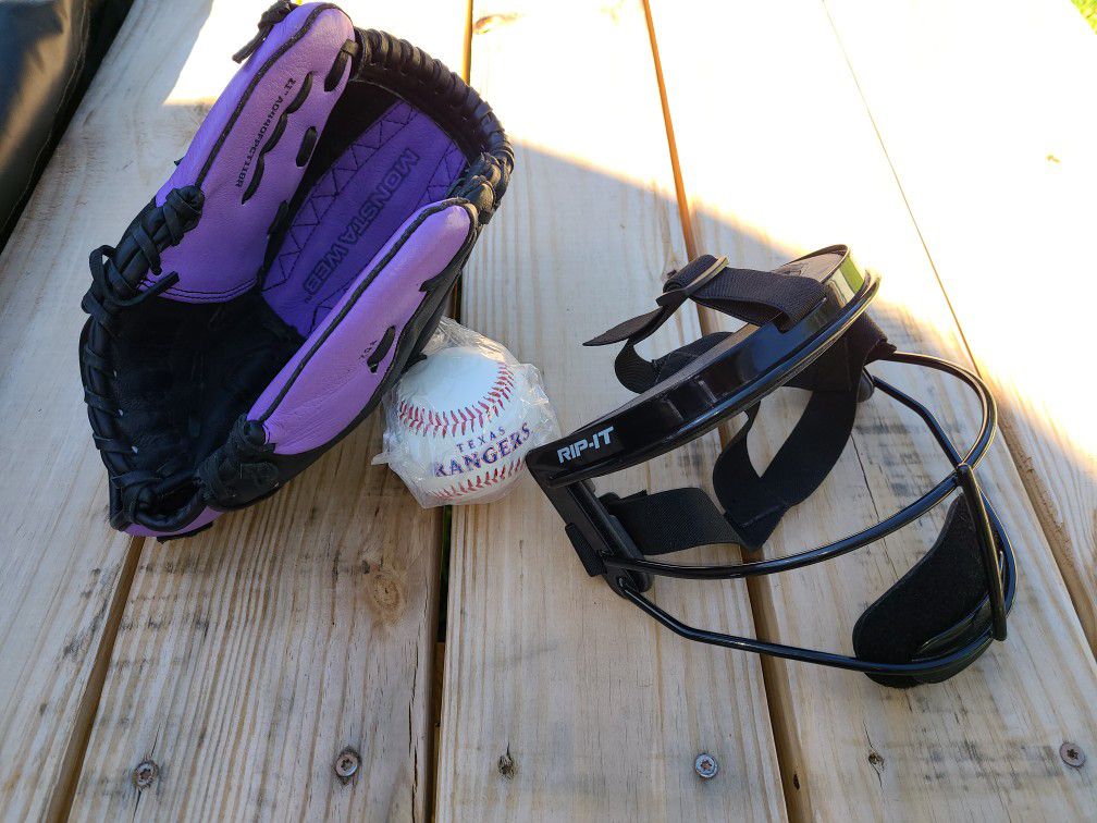 Wilson Baseball Softball Glove Monsta Web Fastpitch Series, a RIP-IT Youth Defense Fielder’s Mask and a New Texas Rangers Baseball