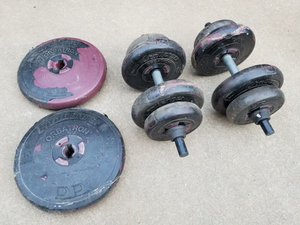 2 dumbbells + 2 extra plates (concrete weights)