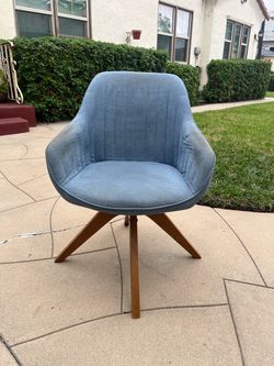 Mid Century Modern Blue Fabric Swivel Chair with Wood Legs