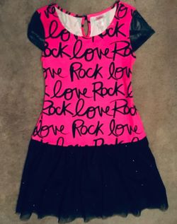 New Justice girls size 10 neon pink love rock and silver glittery black tulle with faux leather sleeves dress